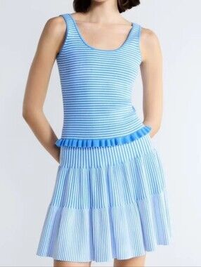 Blue White Stripe Ribbed Stitch Mini Skirt Set